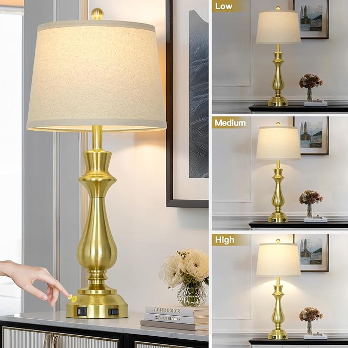 Modern Gold Table Lamps Set of 2 for Living Room,30" Tall Bedside Lamp with USB Charging Port,3-Way Dimmable Touch Nightstand Lamp for Bedroom Desk Side Table Office,Gold