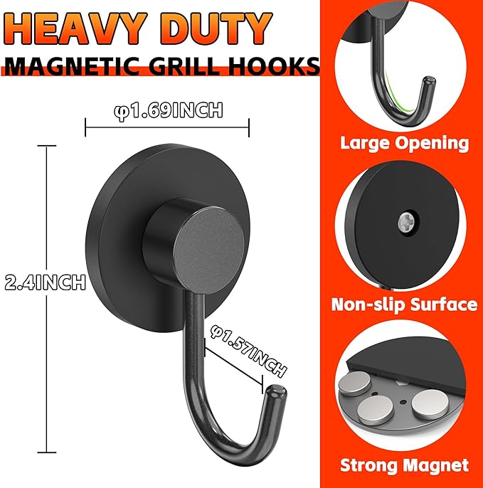 4 Pack Magnetic Grill Hooks, Magnet Hooks for Grills for Utensils, Strong Magnetic Hook for Barbecue Tool, Outdoor Hanging, Refrigerator, Grill, Kitchen
