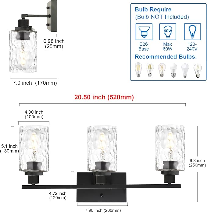 MELUCEE 3-Light Bathroom Light Fixtures, Vanity Lights Over Mirror Black Finish with Hammered Glass, Industrial Wall Light Fixture Suitable for Living Room Porch Kitchen (Patent No.: US D963914 S)