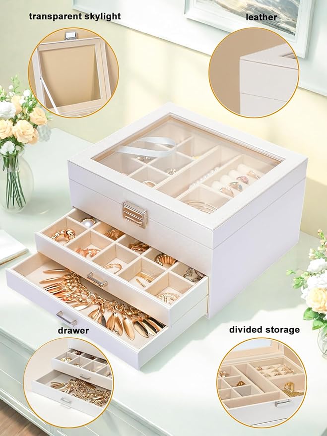 Clear Lid Jewelry Box,3 Layers Jewelry Organizer Large Multi-Functional Jewelry Storage Box with 2 Drawers,Jewelry Display Case of Rings Earrings Necklace Bracelets for Women Girls (Light gold)