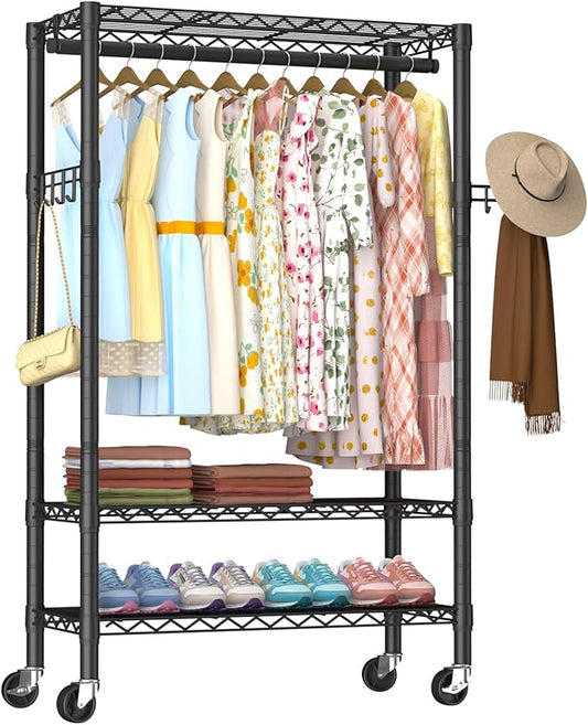 Heavy Duty Clothes Rack Rolling Garment Rack,3 Tier Adjustable Wire Shelving Clothing Racks for Hanging Clothes with Hanger Rod&Side Hooks,Freestanding Wardrobe Storage Rack Metal Portable Closet