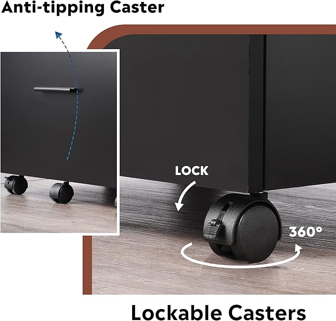 DEVAISE 3 Drawer File Cabinet for Home Office, Wood Under Desk Filing Cabinet, Rolling Printer Stand with Wheels, Black