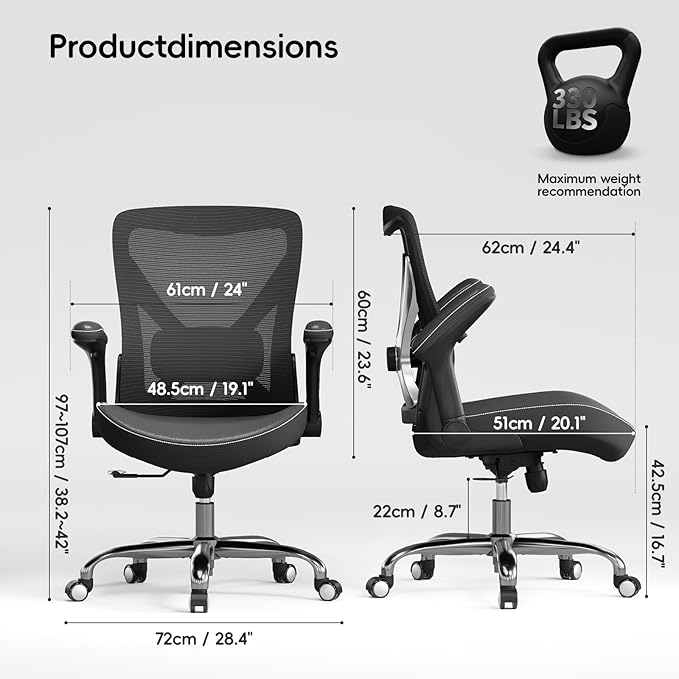 Ergonomic Office Chair-Computer PU Leather X-Shaped Desk Chair-Gaming Chair with Adjustable Flip-up Armrests Lumbar Support Mesh Executive Chair for Long Hours Office (Black-Silver)