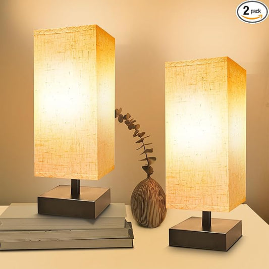 Small Bedside Lamp, Mini Minimalist Table Lamp with Square Flaxen Fabric Shade, 11 Inch Desk Reading Lamp for Bedroom, Living Room, Office, 2 Pack