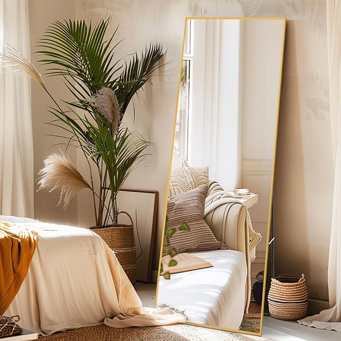 Tall Full Body Mirror, 55''x 18'' Full Length Mirror w Gold Aluminum Alloy Frame, Floor Not Fragile Tempered Mirror Leaning Against Wall for Living Room,Women Dressing Clothes Mirror