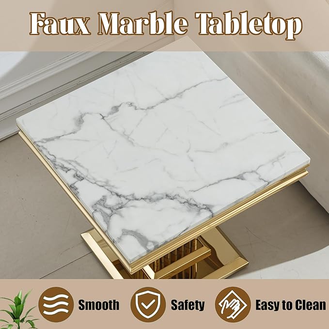 Faux Marble End Table, White Square Side Table with Golden Pillar Stainless Steel Base, Modern Accent End Table for Living Room, Office, Easy Assembly