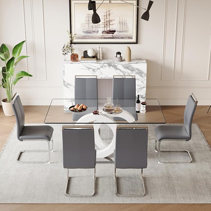 63'' Glass Dining Table Set for 6, Kitchen Table Chairs Set of 6, Clear Glass Dining Table with White unique design Leg and Silver Metal Base, 6 PU Dining Chairs with Metal Legs, Living Room, Kitchen.