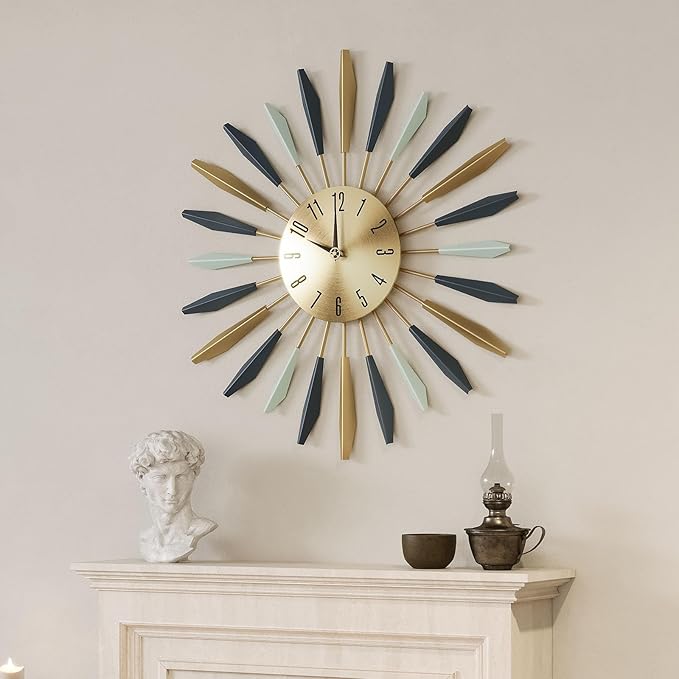 Mid Century Modern Wall Clock, Large Metal Decorative Clock Silent Battery Operated, Colorful Sunburst Starburst 28 Inch Wall Clocks for Living Room Kitchen Bedroom Office