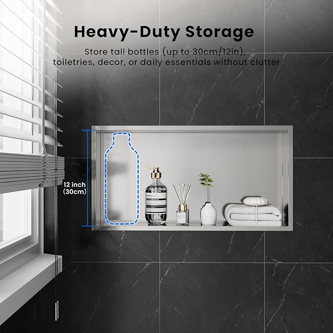 POPFLY 24X12 Inch Shower Niche Shelf, Brushed Nickel Shower Niche Stainless Steel, No Tile Needed Bathroom Storage Shelfs Recessed Wall Niche