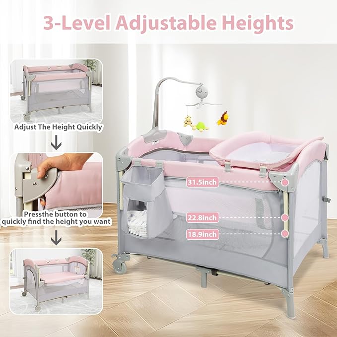 SIMPLGIRL 5-in-1 Baby Bassinet Bedside Crib, Pack and Play Long Next to Bed Crib with Toys & Music Box, Mattress, Foldable Playard, Playpen Travel Bed Nursery Center for Infant Newborn
