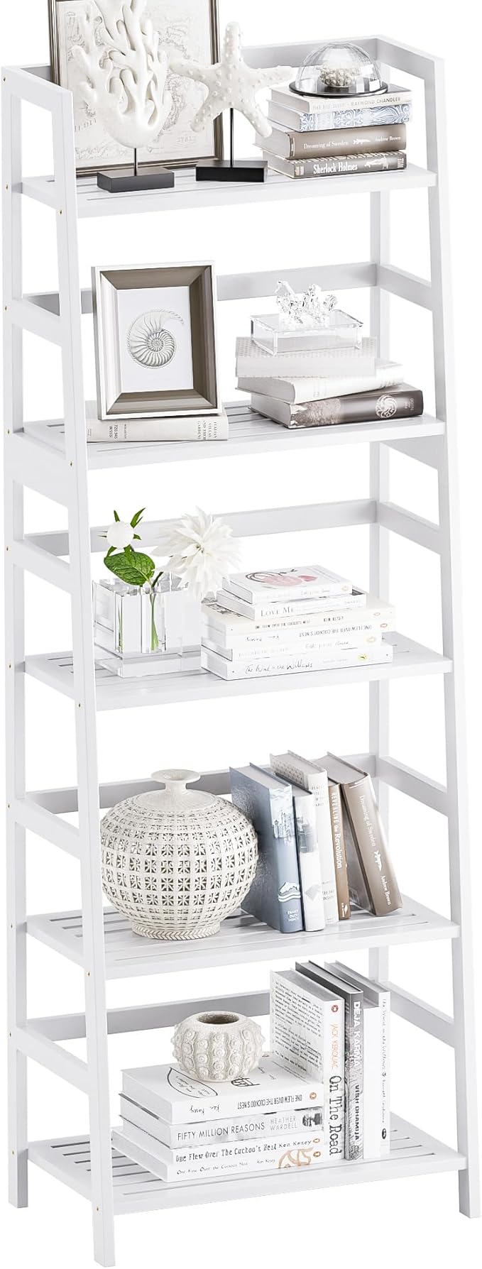 Ladder Shelf, 5-Tier Bookshelf, All Bamboo Heavy Duty Bookcase, Freestanding Open Wood Storage Rack, Modern Corner Display Plant Stand for Living Room, Home Office, Bathroom, Bedroom, White