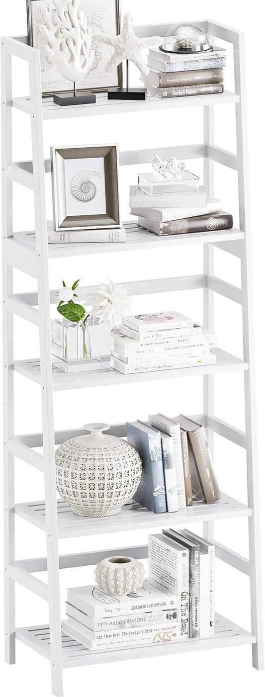 Ladder Shelf, 5-Tier Bookshelf, All Bamboo Heavy Duty Bookcase, Freestanding Open Wood Storage Rack, Modern Corner Display Plant Stand for Living Room, Home Office, Bathroom, Bedroom, White
