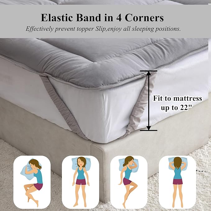 Cooling Mattress Pad Cover, with 100% Cotton Cover and Mesh Shell Underlay, Snow Fiber Filled, Soft, Temperature Regulated, Premium Mattress Protector, Machine Washable (Queen (60x80 inch), Grey)