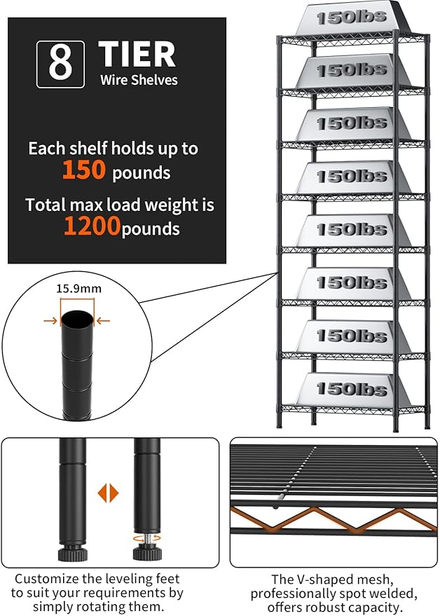 8 Tier Adjustable Storage Shelves Heavy Duty Metal Shelf Wire Shelving Unit Organizer Rack for Home Kitchen Office Pantry Room Bathroom Shelving Organizers and Storage Laundry