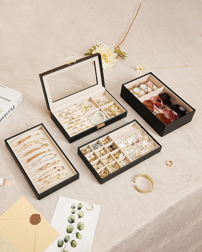 Homde Jewelry Tray Stackable Jewelry Box Drawer Organizer with Glass Lid, Removable Dividers for Vanity Table Gift Idea for Girls and Women (Black)