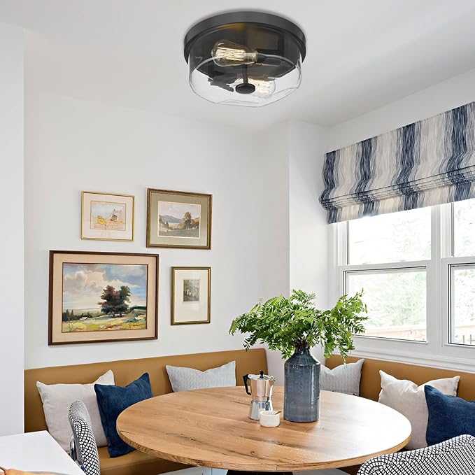 Flush Mount Ceiling Light with Clear Glass Shade, 2-Light Indoor Outdoor Farmhouse Lighting Flush Mount Lights for Kitchen Bedroom Porch Living Dining Room(Black)