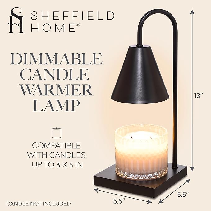 Sheffield Home Glass Candle Warmer Lamp – Black Iron, 13″ Flameless Candle and Wax Melter for Long-Lasting Fragrance – Sleek Decorative Warmer for Home, Bedroom, or Office