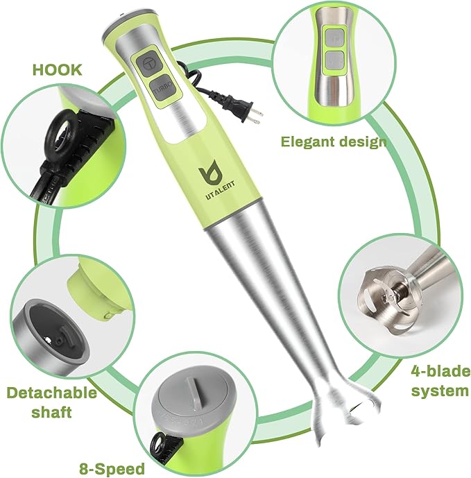Immersion Hand Blender, UTALENT 5-in-1 8-Speed Stick Blender with 500ml Food Grinder, BPA-Free, 600ml Container,Milk Frother,Egg Whisk,Puree Infant Food, Smoothies, Sauces and Soups - Green