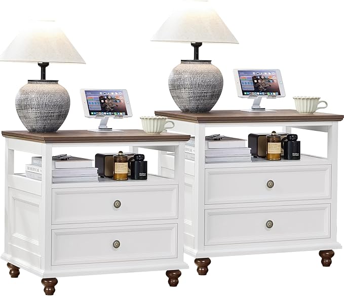24" Wide Farmhouse Night Stand Set of 2,Large End Table with 2 Drawers & Metal Handle,White Wood Dresser for Bedroom, Bed Side Table Chest of Drawers Cabinet, Nightstand for Living Room,Closet