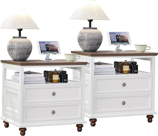 24" Wide Farmhouse Night Stand Set of 2,Large End Table with 2 Drawers & Metal Handle,White Wood Dresser for Bedroom, Bed Side Table Chest of Drawers Cabinet, Nightstand for Living Room,Closet