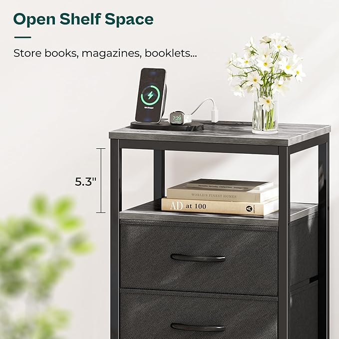 Huuger Nightstand with Charging Station, 27.6 Inch End Table Bedside Table with USB Ports and Outlets, Fabric Drawers, Night Stand for Bedroom, Charcoal Gray