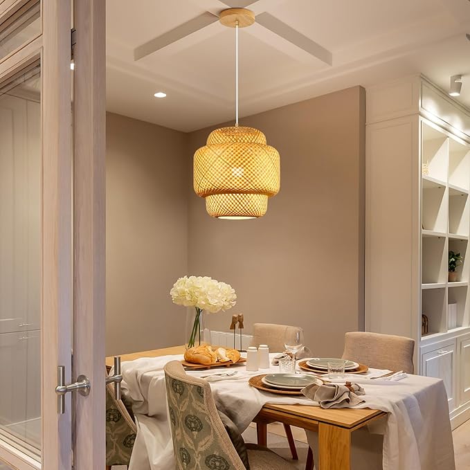 15.7inch Bamboo Pendant Light, Boho Chandelier Hand-Woven Wicker Rattan Hanging Ceiling Lighting, Rustic Farmhouse Pendant Lamp for Kitchen Island, Dining Room, Bedroom, Living Room, Foyer