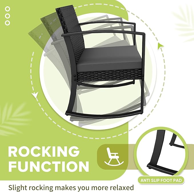 Homall Patio Furniture Set 3 Piece Resin Outdoor Bistro Set Rocking Patio Chairs with Cushions and Table for Porch, Poolside, Balcony and Yard (Grey)