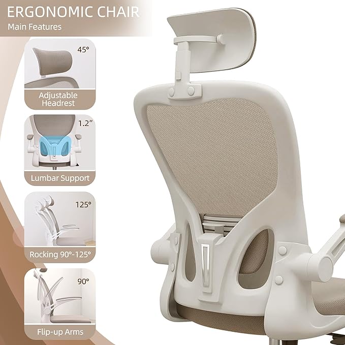 Ergonomic Office Chair, High Back Desk Chair with 2D Headrest, Mesh Office Chair with Flip-Up Arms, Up&Down Lumbar Support, 90-135° Tilt Lock Big and Tall Computer Desk Chairs for Office Home