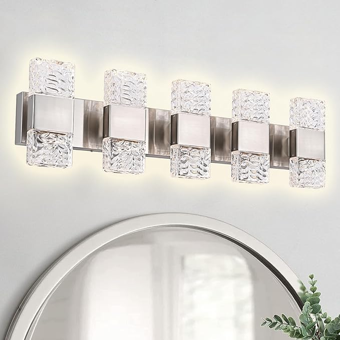 MELUCEE 30.3 in LED Bathroom Lighting Fixtures Dimmable 40W LED Vanity Light Brushed Nickel Modern Bathroom Light Bar Crystal Wall Sconce for Bath Restroom Powder Room, 3000K Warm Lighting