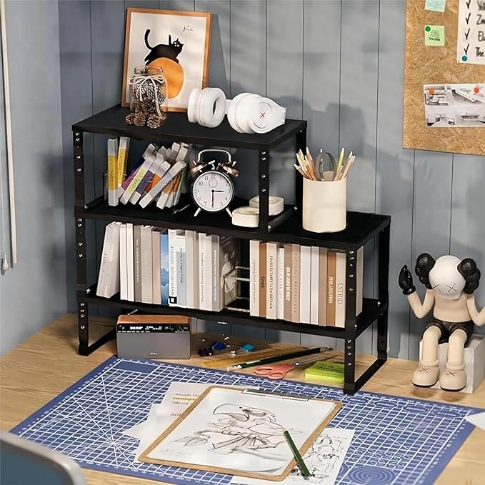 Expandable Spice Rack Organizion for Kitchen Cabinet, Seasoning,Bathroom Organizer Display Shelf, Stackable Multi-Purpose Shelves.Easy-to-Install（2Packs/Black,Medium