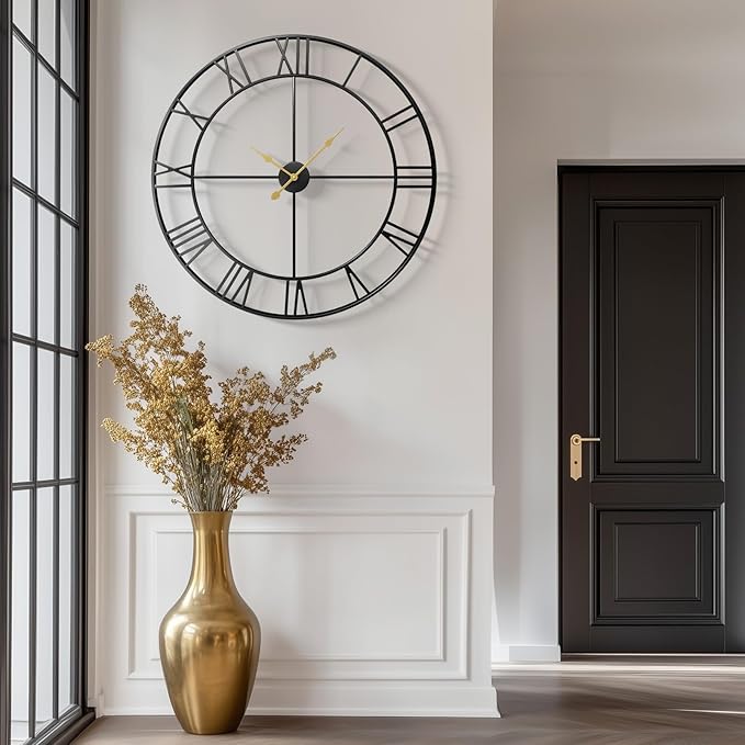 Large Wall Clock for Living Room Mantel Decor, 36 Inch Wall Clock Battery Operated, Metal Round Roman Numeral Big Black Clock for Bedroom, Home, Kitchen, Office, Wall Decor