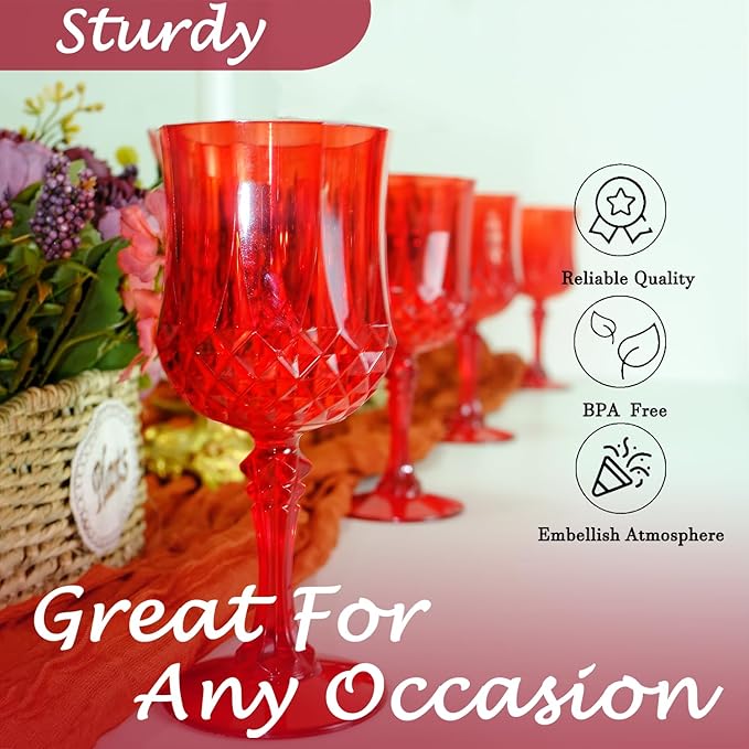 Plastic Wine Glasses，Plastic Goblets Vintage Style Cordial Drinking Glasses for Wedding Reception, Grand Event Party Supplies (12, Red)