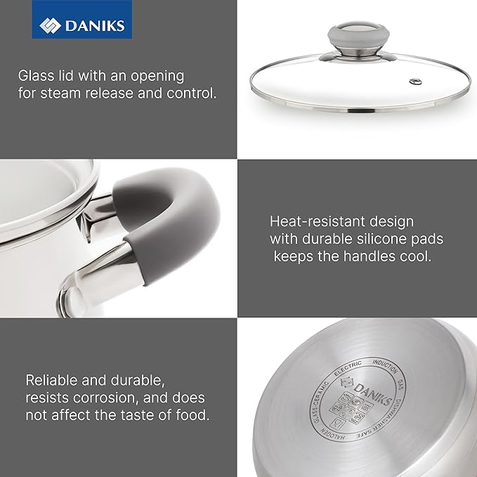 Daniks Modern Stainless Steel Stock Pot with Glass Lid - Induction 2 Quart, Dishwasher Safe, Heatproof Handles, For Soup, Pasta, Stew, Silver