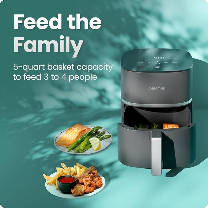 Chefman TurboX 4-in-1 Air Fryer, 5-Quart Airfryer for Extra Crispy Chicken, Fries, Wings, and More, Air Fry, Bake, Reheat, and Frozen Functions, Digital Touch Controls, Dishwasher Safe - Gray