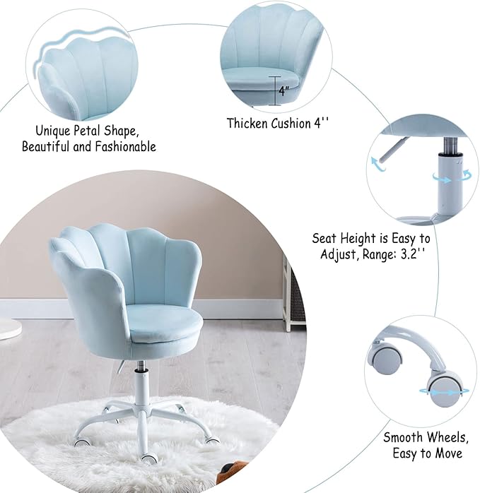 Velvet Kids Desk Chair Cute Computer Chair Modern Upholstered Swivel Arm Chair Adjustable Rolling Vanity Chair for Bedroom Living Room Girls (Blue)