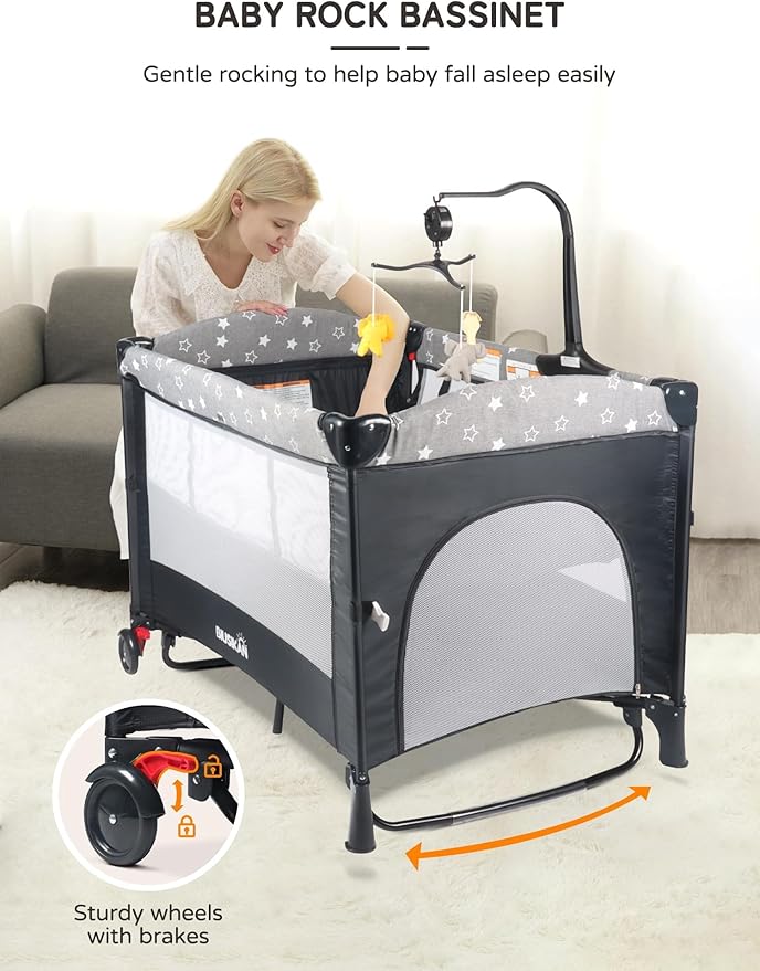 Bedside Bassinet for Baby, Portable Baby Crib with Mosquito Net, Mattress, Diaper Changer, Playpen for Newborn to Toddles, Pack and Play with Bassinet, 5 in 1 Bedside Crib