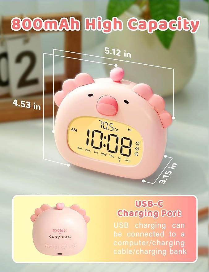 Axolotl Alarm Clock with Night Light for Kids Girls, Cute Pink Axolotl Lamp Digital Clocks, Timer, 3 Alarms, Date & Day, USB Rechargeable Bedrooms Decor Party Favors