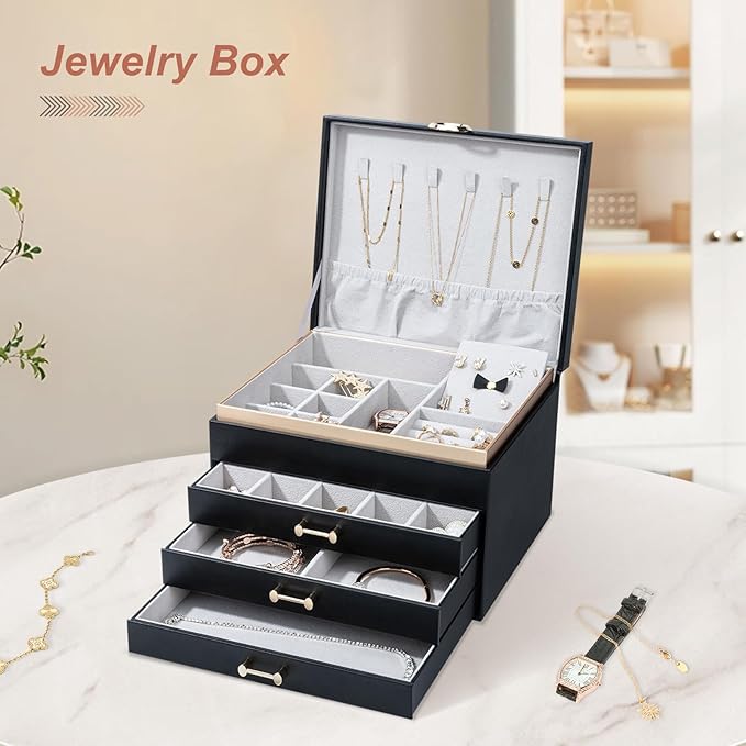 Jewelry Box，4-Layer Large Jewelry Organizers for Women with 3 Drawers,Storage Modern Style Jewelry Boxes Storage of Earrings Rings Bracelets Necklace（Black）