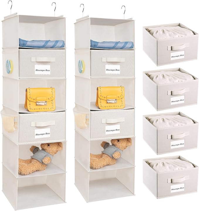 2 Pack 6 Shelves Hanging Closet Organizer with 2 Drawer, Hanging Storage with 4 Side Pockets for Clothes Shoes, 43.5"x12"x12"(Beige)