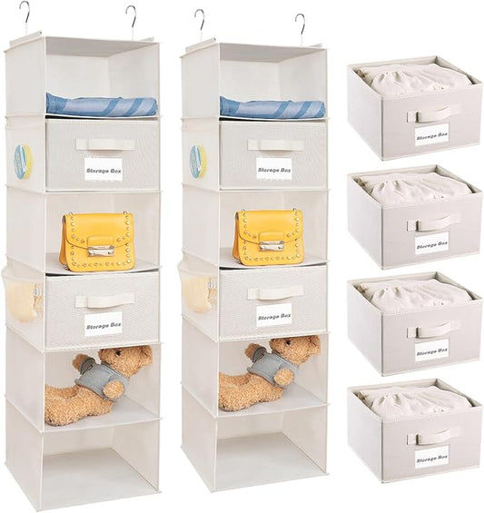 2 Pack 6 Shelves Hanging Closet Organizer with 2 Drawer, Hanging Storage with 4 Side Pockets for Clothes Shoes, 43.5"x12"x12"(Beige)