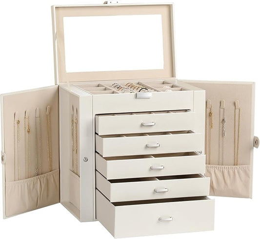Frebeauty Large Jewelry Box,6-Tier PU Leather Jewelry Organizer,Multi-functional Storage Case with Mirror,Accessories Holder with 5 Drawers for Necklace Bracelets Watches(Pearl White)