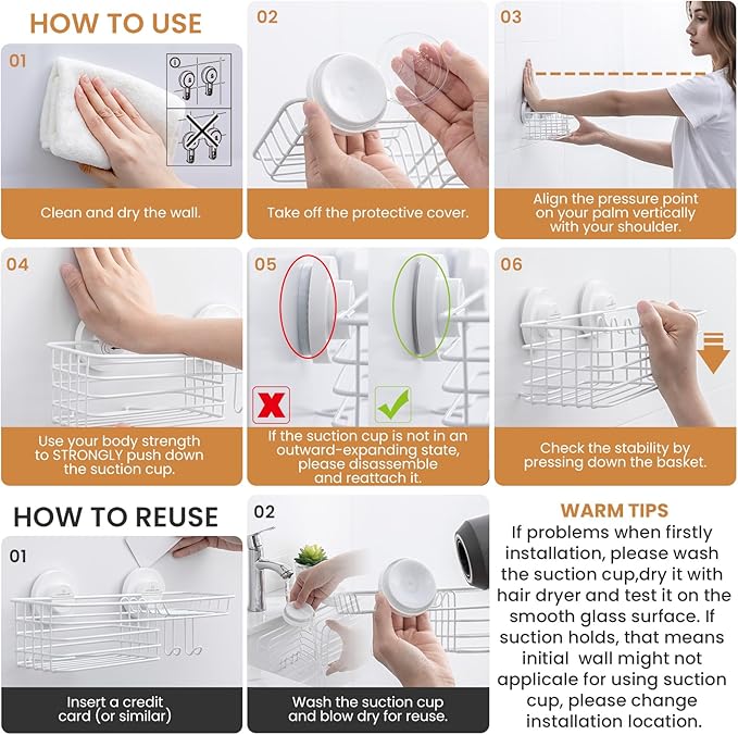 LEVERLOC Shower Caddy Suction Cup, Heavy Duty Bathroom Organizer for Inside Shower with Hooks & Soap holder, NO-Drilling Bathroom Holder-White