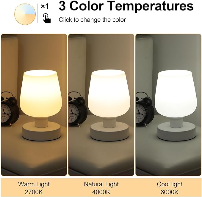 Touch Bedside Table Lamp Set of 2, Dimmable Small Table Lamp for Bedroom with White Opal Glass Lamp Shade and LED Bulb, Modern Nightstand Lamps, Desk Lamp with Plug for Living Room Bed