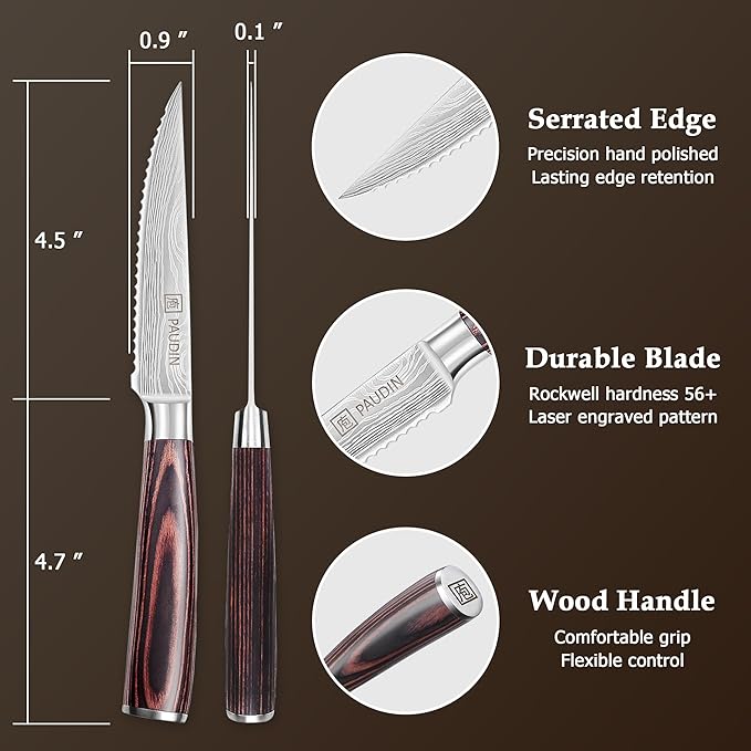 PAUDIN Steak Knives Set of 6, Kitchen Steak Knife 4.5 Inch, High Carbon Stainless Steel Steak Knives, Serrated Steak Knife with Pakkawood Handle, Dinner Knives with Gift Box