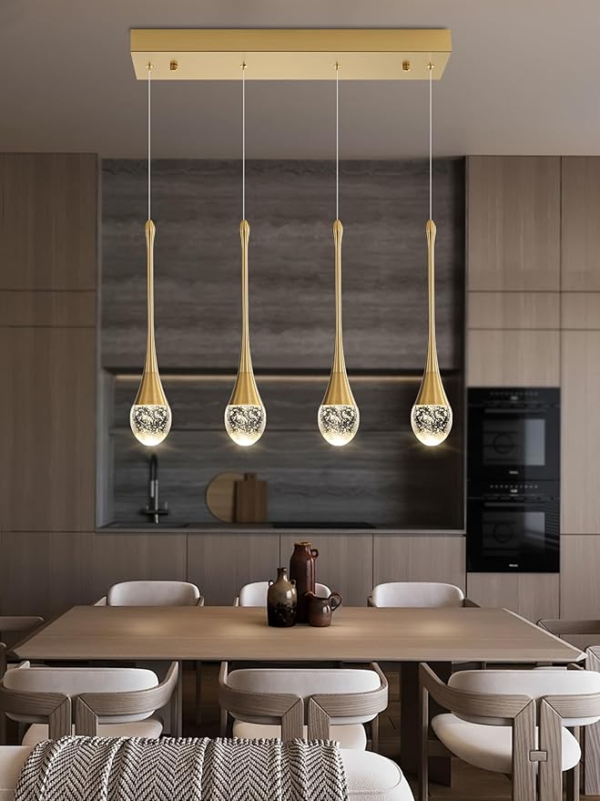 Dining Room Light Fixture 4-Light Gold Kitchen Island Lighting Industrial Linear Crystal Chandeliers for Dining Room Pendant Light Fixture for Living Room Hallway Bedroom