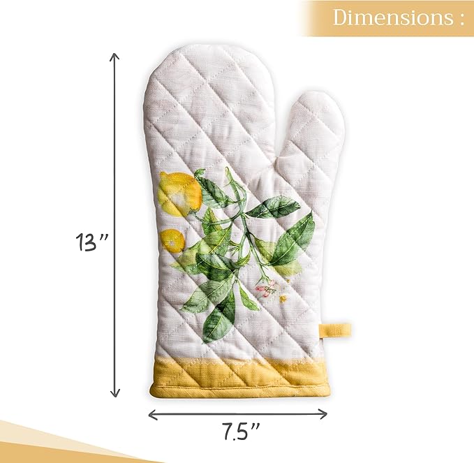 Maison d' Hermine Oven Gloves 100% Cotton Oven Mitt 7" x 13" with Loop Heat Resistant, BBQ, Cooking Gloves, Baking, Grilling, Kitchen, Handling Hot Pans Spring/Summer (Pack of 1, Limoncello)