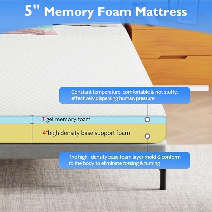 FDW 5 Inch Gel Memory Foam Mattress Medium-Firm Mattress for Pressure Relief & Cooler Sleep Mattress for Kid Adults CertiPUR-US Certified Mattress in a Box,California King