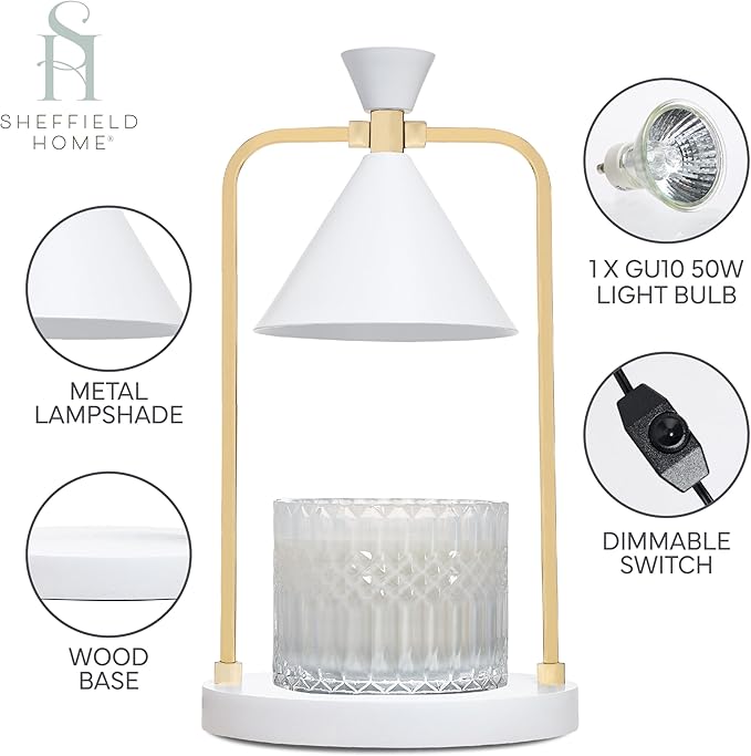 Sheffield Home Glass Candle Warmer Lamp – Elegant Candle Warmer for Long-Lasting Fragrance, Sleek Design, 12x7, White Iron Candle