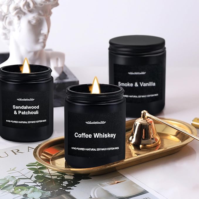 Scented Candle Set, Men Candle Set, Scented Candles for Home, Gifts for Men, 3 Pack Manly Candles Gifts for Mens Scents of Smoke & Vanilla/Sandalwood & Patchouli/Coffee Whiskey