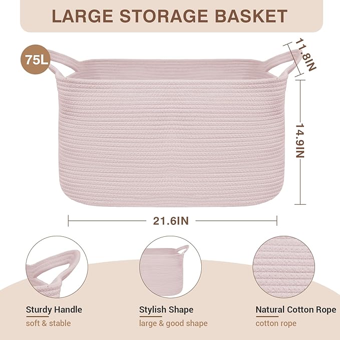 Large Laundry Hamper Blanket Basket，21.6''×14.9''×19.6'' Cotton Rope Woven Laundry Basket for Organizing, Rectangle Toy Basket for Living Room, Bedroom
